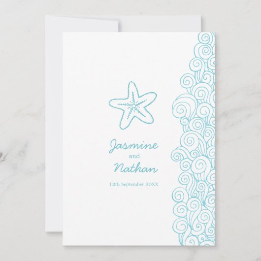 ヒトデの海の渦巻きアクアホワイトビーチ結婚式 招待状 (正面)