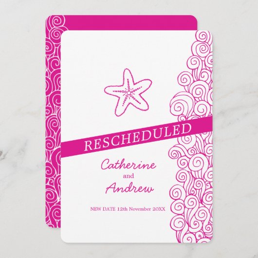 ヒトデの海の渦巻きピンクのビーチ結婚式の再スケジュール 招待状 (正面/裏面)