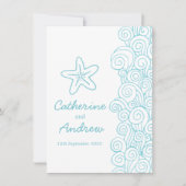 ヒトデの海の渦巻く青いビーチ結婚式招待 招待状 (正面)