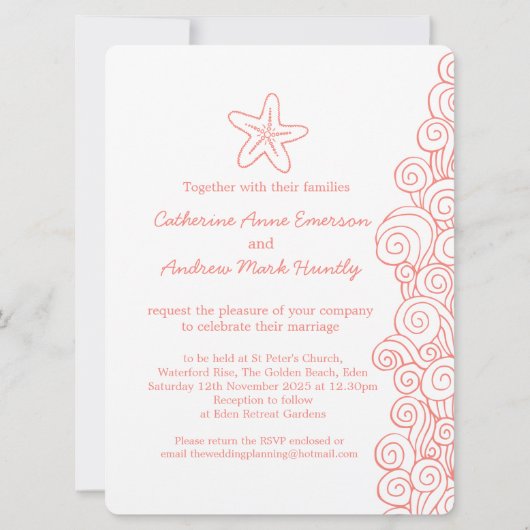 ヒトデの海の渦巻の珊瑚のビーチ結婚式の招待 招待状 (裏面)