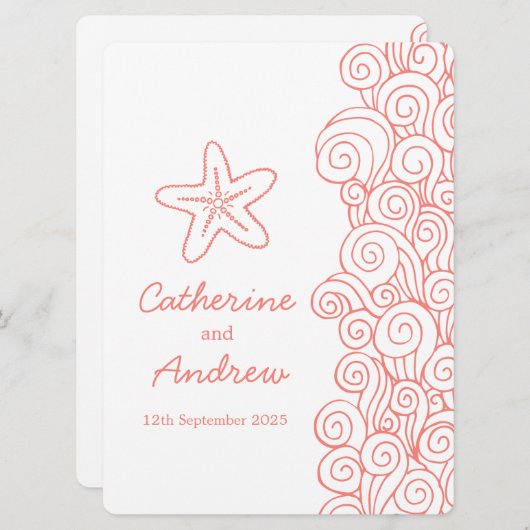 ヒトデの海の渦巻の珊瑚のビーチ結婚式の招待 招待状 (正面/裏面)