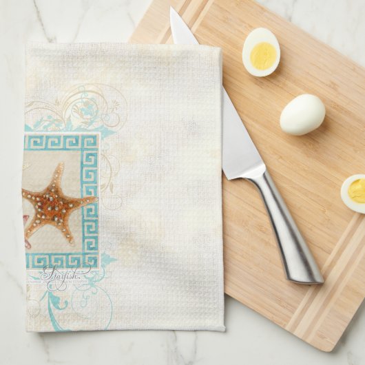 ヒトデの海の貝の海のギリシャの主パターンビーチ キッチンタオル (四つ折り)