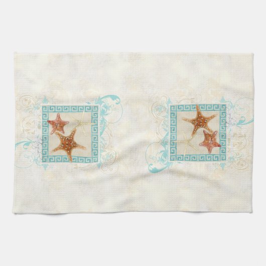 ヒトデの海の貝の海のギリシャの主パターンビーチ キッチンタオル (横)