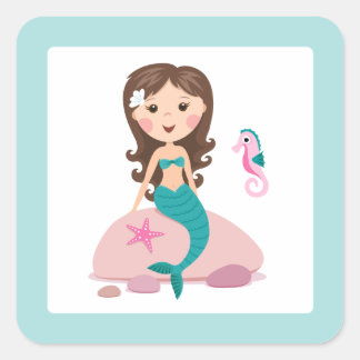 ヒトデの海馬の可愛いブルネットの人魚の女の子 スクエアシール