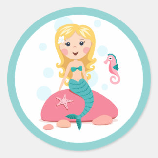 ヒトデの海馬を持つ金魚の人魚の漫画の女の子 ラウンドシール