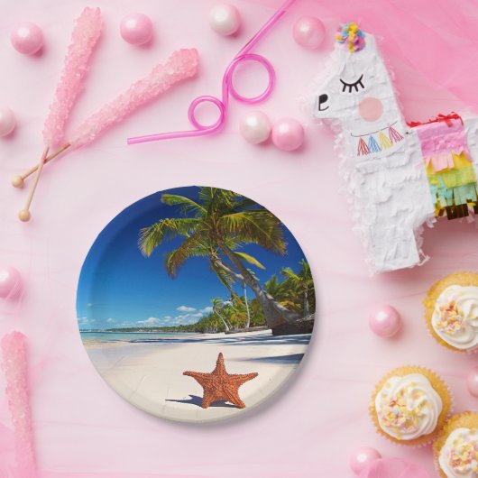 ヒトデの熱帯砂浜のヤシの木の島 ペーパープレート (パーティー)