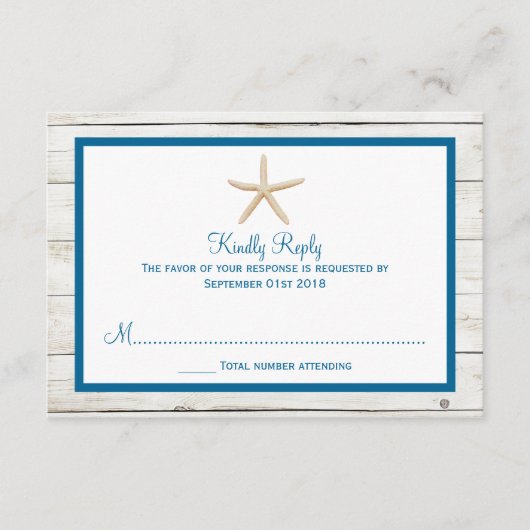 ヒトデの白塗り木材ビーチウェディングコレクション 出欠カード (正面)