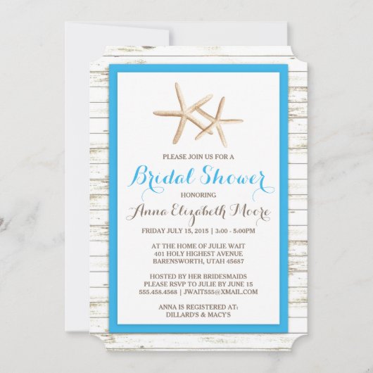 ヒトデの白塗り木材ビーチ ブライダルシャワー 招待状 (正面)