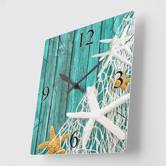 ヒトデの網のビーチの木製の沿岸生活|の水 スクエア壁時計 (傾斜)