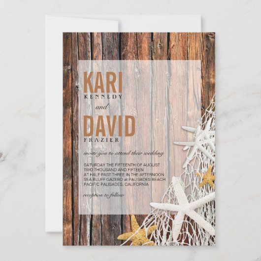 ヒトデの網のビーチの木製の結婚式|の茶色 招待状 (正面)