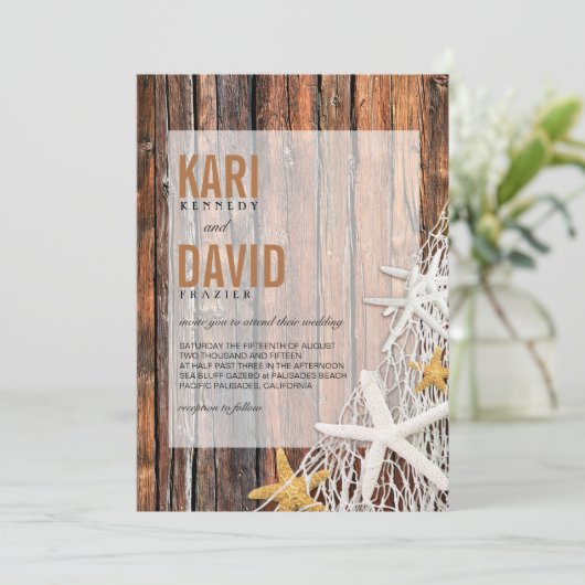 ヒトデの網のビーチの木製の結婚式|の茶色 招待状 (スタンド正面)