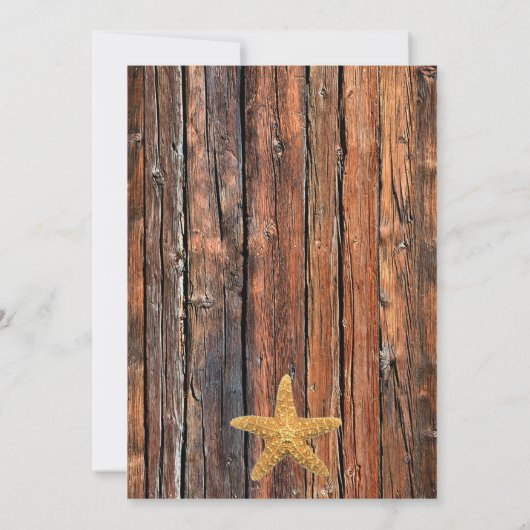 ヒトデの網のビーチの木製の結婚式|の茶色 招待状 (裏面)
