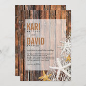 ヒトデの網のビーチの木製の結婚式|の茶色 招待状 (正面/裏面)