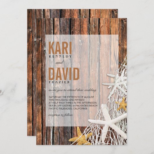 ヒトデの網のビーチの木製の結婚式|の茶色 招待状 (正面/裏面)