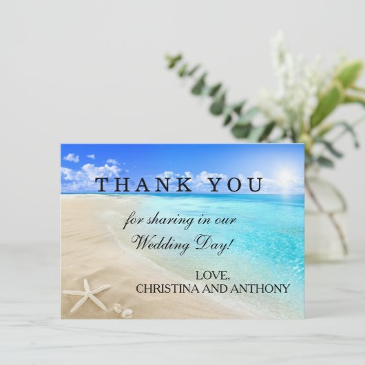 ヒトデの行先のビーチ結婚式はノート感謝していしています サンキューカード (スタンド正面)