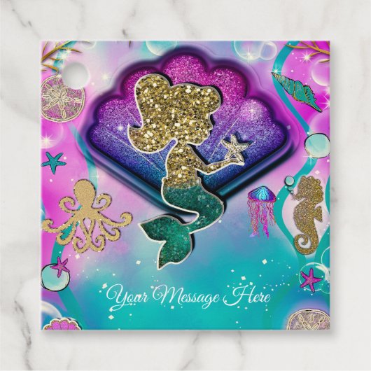 ヒトデの誕生日を保持する金きらめく人魚のメイド フェイバータグ (正面)