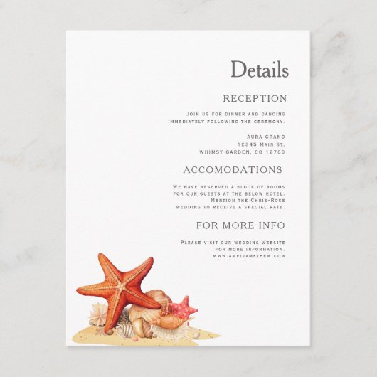 ヒトデの貝殻のビーチ航海の結婚の エンクロージャーカード (正面)