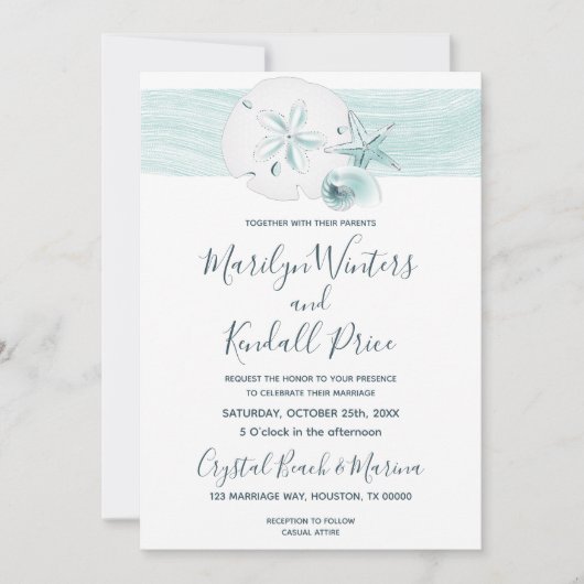 ヒトデの貝殻モダンエレガントビーチ結婚式パーティー 招待状 (正面)