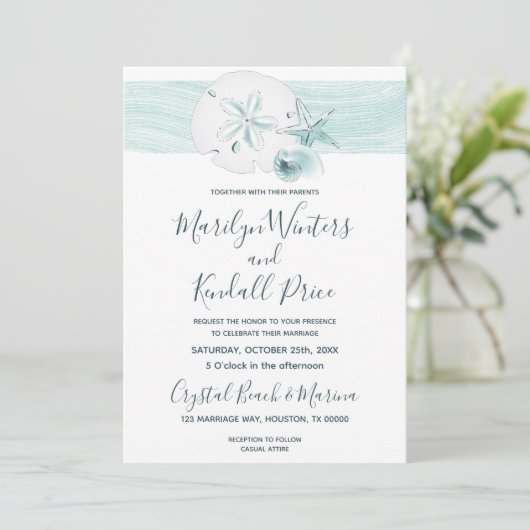 ヒトデの貝殻モダンエレガントビーチ結婚式パーティー 招待状 (スタンド正面)
