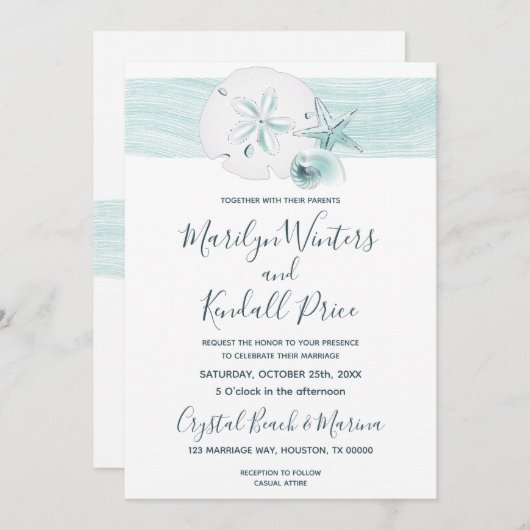 ヒトデの貝殻モダンエレガントビーチ結婚式パーティー 招待状 (正面/裏面)