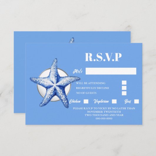 ヒトデの青い白いビーチの海岸応答の豪華さ 出欠カード (正面/裏面)