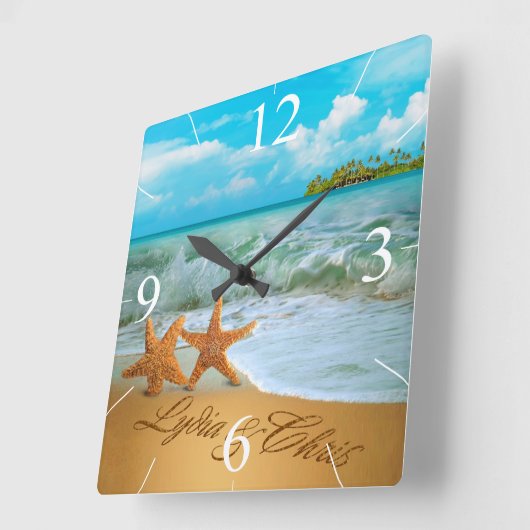 ヒトデは尋ねます私に砂に名前を置くためにつなぎます スクエア壁時計 (傾斜)