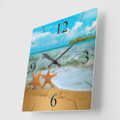 ヒトデは尋ねます私に砂に名前を置くためにつなぎます スクエア壁時計 (傾斜)