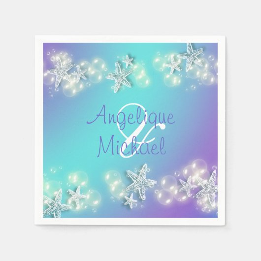 ヒトデは青い紫の白いカップルの名前をバブル スタンダードカクテルナプキン (正面)