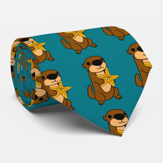 ヒトデを持つおもしろいなベビーのラッコ ネクタイ (ロール)