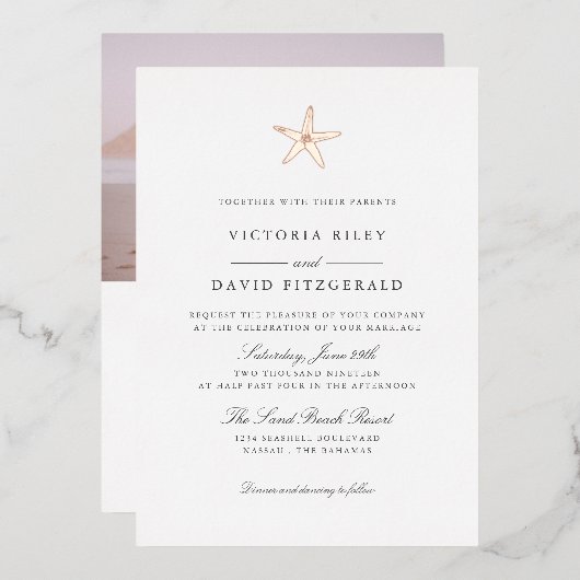 ヒトデエレガント海ビーチ結婚式バラ金ゴールドV3 箔招待状 (正面/裏面)