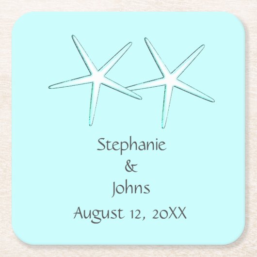 ヒトデカワイトカップルティール（緑がかった色）ホワイトグレー2021結婚's スクエアペーパーコースター (正面)