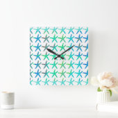 ヒトデコースタルビーチ数々のカラーティール(緑がかった色)ホワイトカワイト  スクエア壁時計 (ホーム)