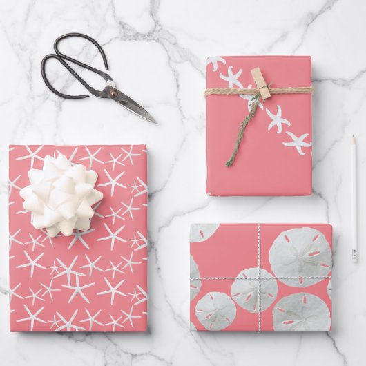 ヒトデサンドドルピンクシーガーリーシェルズ ラッピングペーパーシート (正面)