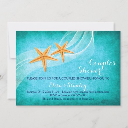 ヒトデターコイズビーチ結婚式カップルのシャワー 招待状 (正面)