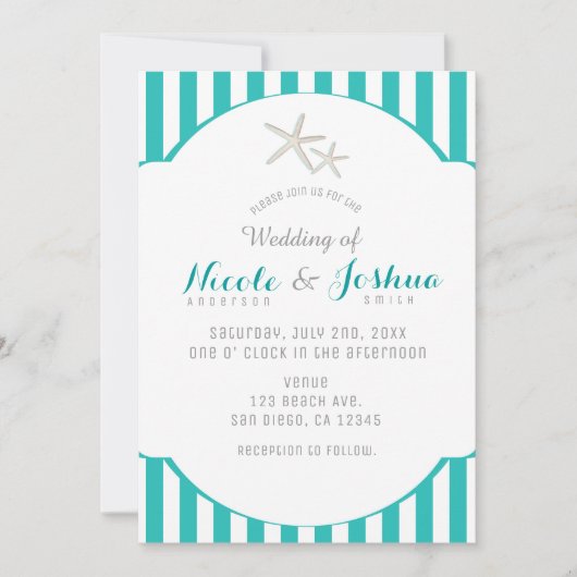 ヒトデティール（緑がかった色）ターコイズストライプのエレガントビーチ 招待状 (正面)