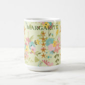 ヒトデパーソナライズされたィックピンクイエローグリーン花模様 コーヒーマグカップ (中央)