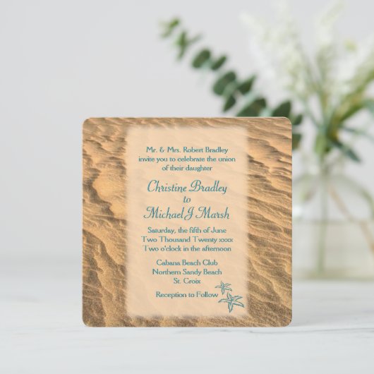 ヒトデビーチティール(緑がかった色)アンドサンド結婚ズ 招待状 (スタンド正面)