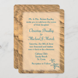 ヒトデビーチティール（緑がかった色）アンドサンド結婚ズ 招待状