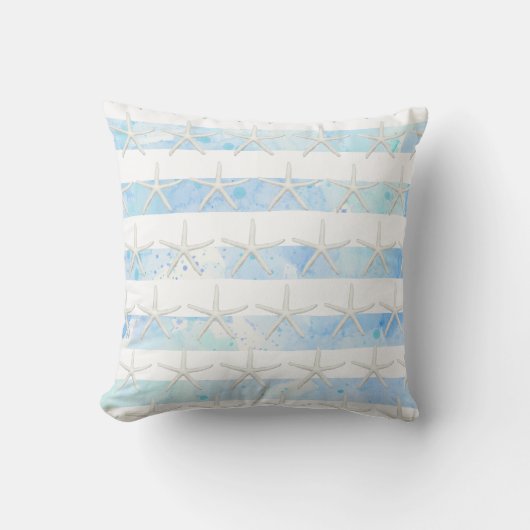 ヒトデビーチ水彩洗ストライプ浄ブルーnホワイト クッション (正面)