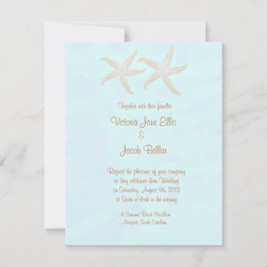 ヒトデビーチ結婚式の招待-淡い色の青 招待状 (正面)