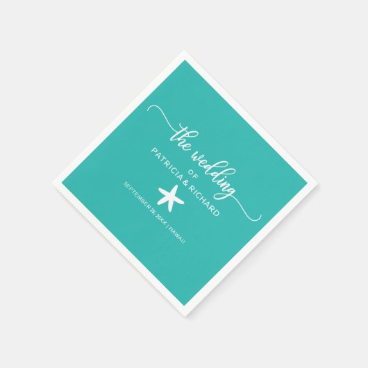 ヒトデビーチ結婚式ティール（緑がかった色）ターコイズとホワイト スタンダードカクテルナプキン (角)