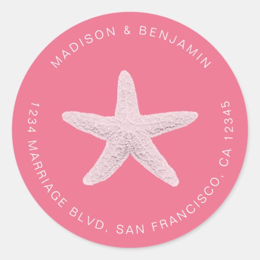 ヒトデビーチ結婚式差出人住所ピンク ラウンドシール (正面)
