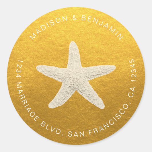 ヒトデビーチ結婚式差出人住所金ゴールド ラウンドシール (正面)