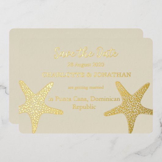 ヒトデモダンィッシュビーチ結婚式金ゴールド 箔招待状 (正面/裏面)