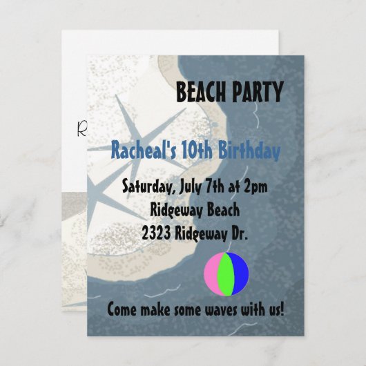 ヒトデ及び海ビーチ誕生日招待状 招待状 (正面/裏面)