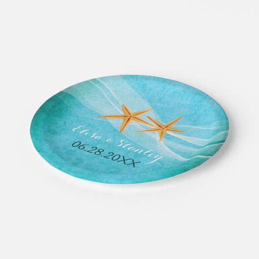 ヒトデ対とベールターコイズビーチ結婚式 ペーパープレート (アングル)