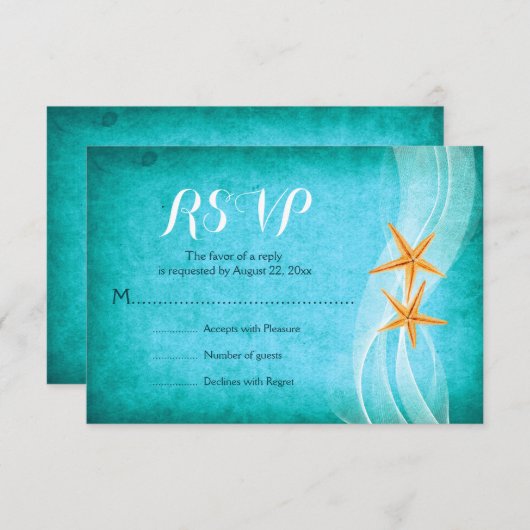 ヒトデ対ターコイズ先ビーチ結婚式 出欠カード (正面/裏面)