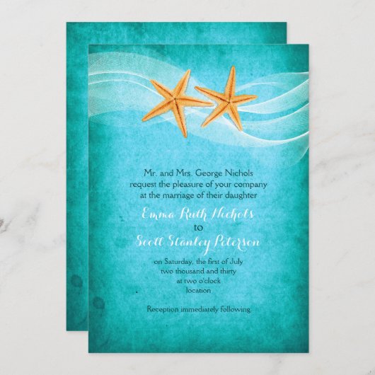 ヒトデ対ターコイズ先ビーチ結婚式 招待状 (正面/裏面)
