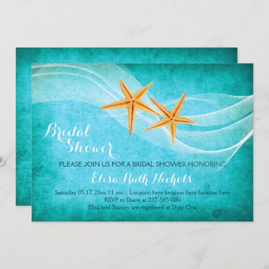 ヒトデ対ビーチ結婚式ブライダルシャワー 招待状 (正面/裏面)