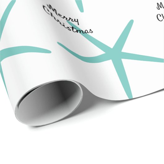 ヒトデ柄ティール(緑がかった色)ビーチメリークリスマスホワイト ラッピングペーパー (ロールコーナー)